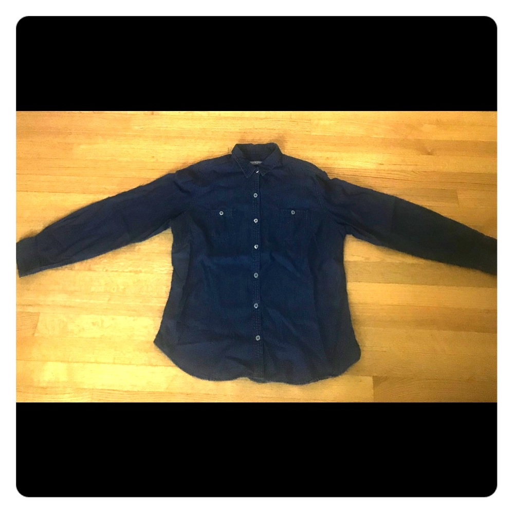 Dark blue button up shirt.